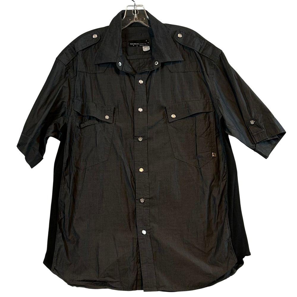 Y2K Rocawear Mens Black Cotton Short Sleeve Snap Front‎ Utility Shirt XL Retro